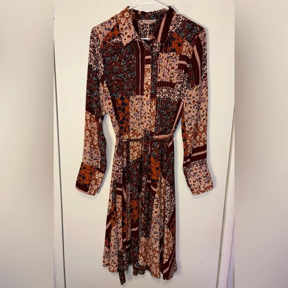 NANETTE LEPORE Button Up Patchwork Shirtdress Tie Waist Pintuck Long Sleeve Sz 8 - Picture 2 of 10